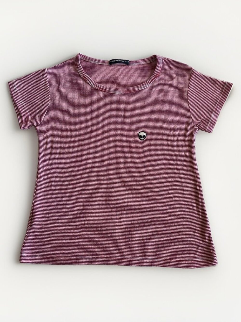 Brandy Melville Red Striped Cropped T-Shirt Embroidered Alien Short Sleeve